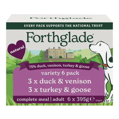 Forthglade variety 6 pack, 75% duck, venison, turkey and goose. Contains 3 trays duck and venison, 3 trays turkey and goose. Complete meal for adults, 6 x 395g trays.