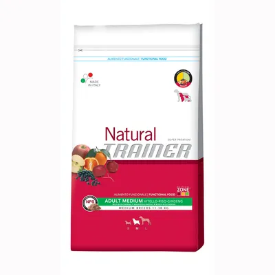 Опаковка Natural Trainer Adult Medium Vitello-Riso-Ginseng за средни породи 11–30 кг. Видими плодове и зеленчуци, надпис Made in Italy.
