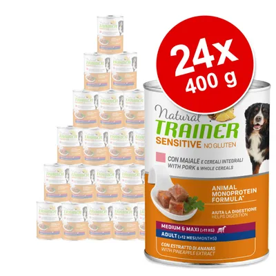 Pachet 24 x 400 g conserve Natural Trainer Sensitive No Gluten cu porc și cereale integrale, pentru câini adulți de talie medie și mare. Text vizibil: ajută la digestie, formulă monoproteică.