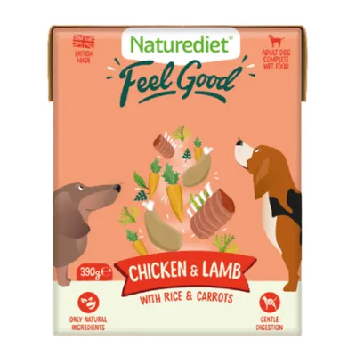 Naturediet Feel Good chicken and lamb with rice and carrots, adult dog complete wet food, 390g, only natural ingredients, gentle digestion, British made.