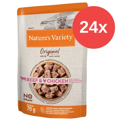 Nature's Variety Original Paté para gatos adultos, buey y pollo, sin cereales, 70 g. Paquete de 24 unidades. Texto visible en inglés y español.