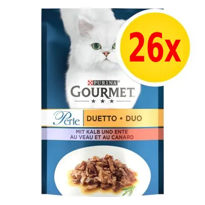 Purina Gourmet Perle Duetto Duo, 26x portionspåse med kalv och anka. Text: MIT KALB UND ENTE, AU VEAU ET AU CANARD. Bild på katt och maträtt.