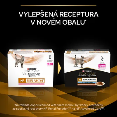 PURINA PRO PLAN VETERINARY DIETS NF Renal Function – starý a nový obal, text: Vylepšená receptura v novém obalu. NF Renal Function Advanced Care.