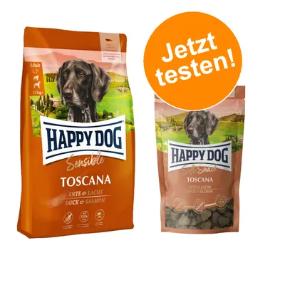 Happy Dog Sensible Toscana, Ente & Lachs. Trockenfutter für Hunde, 11kg Packung und Soft Snack Beutel. Orange Kreis mit Text 'Jetzt testen!'.