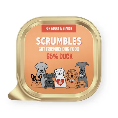 For adult and senior. Scrumbles gut friendly dog food, 65% duck.