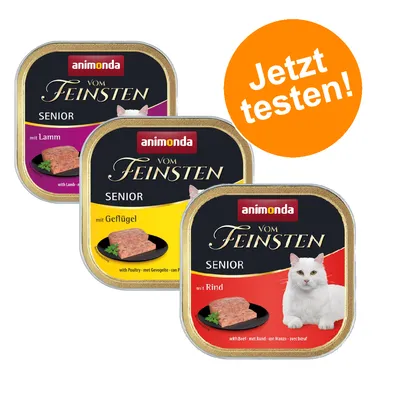 Animonda Vom Feinsten Senior Katzenfutter in drei Sorten: mit Lamm, Geflügel und Rind. Orangefarbener Kreis mit Text 'Jetzt testen!'.