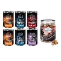 Wild Freedom Kombi-Paket: 24 x 400 g Adult Nassfutter + 3 x 45 g RAW - Mixpaket 2 (Huhn, Seelachs, Rind, Ente) + Hühnerherzen