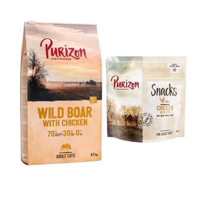 Purizon getreidefrei Kombi-Paket: 6,5 kg Trockenfutter + 3 x 40 g Snack Original Wildschwein & Huhn +  Huhn mit Fisch