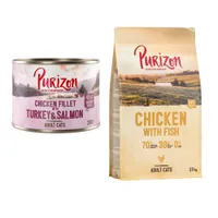 Purizon Kombi-Paket: 24 x 200 g Nassfutter + 2,5 kg Trockenfutter - Hühnerfilet mit Truthahn & Lachs + Original Huhn mit Fisch