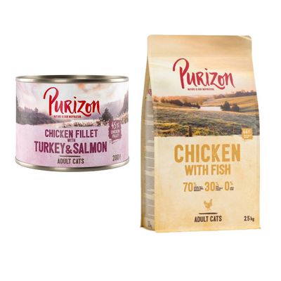 Purizon Kombi-Paket: 24 x 200 g Nassfutter + 2,5 kg Trockenfutter Hühnerfilet mit Truthahn & Lachs + Original Huhn mit Fisch