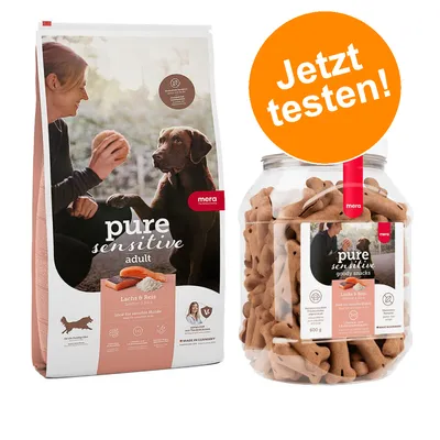 Mera pure sensitive adult Lach & Reis. Ideal für sensible Hunde. Made in Germany. Jetzt testen! Verpackung von Trockenfutter und Snacks sichtbar.
