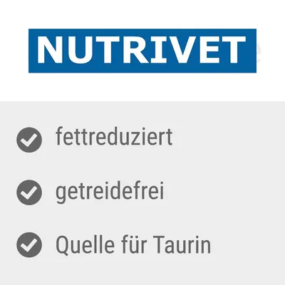 Nutrivet. Fettreduziert, getreidefrei, Quelle für Taurin. Nutrivet. Fettreduziert, getreidefrei, Quelle für Taurin.