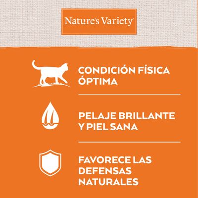 Nature’s Variety. Condición física óptima. Pelaje brillante y piel sana. Favorece las defensas naturales.