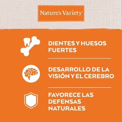 Nature’s Variety. Dientes y huesos fuertes. Desarrollo de la visión y el cerebro. Favorece las defensas naturales.