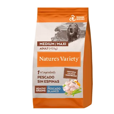 Saco de pienso Nature’s Variety Medium/Maxi Adult (+10 kg), primer ingrediente pescado sin espinas, con pescado blanco y cereales, envase reciclable, proteína, calidad y digestibilidad.