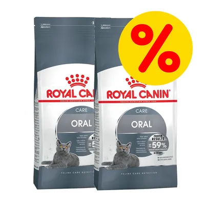 Royal Canin Care Oral kissanruokapakkaukset, harmaa kissa etiketissä, suuri keltainen prosenttimerkki oikeassa yläkulmassa, teksti: PROVEN RESULTS, jopa 59 % vähemmän hammaskiveä.