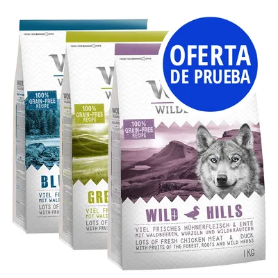 Oferta de prueba. Pienso para perros Wolf of Wilderness Wild Hills, Blue River y Green Fields, 100 % grain-free recipe, 1 kg cada uno.