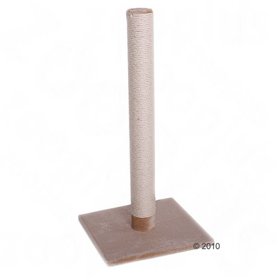 Vaalea raapimapuu, jossa neliönmuotoinen alusta ja pystysuora sisalköydellä päällystetty tolppa.