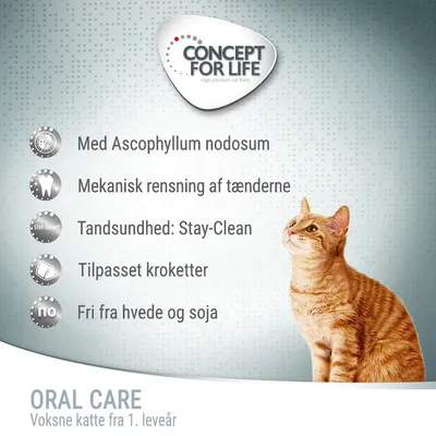 CONCEPT FOR LIFE Oral Care. Med Ascophyllum nodosum, mekanisk rensning af tænderne, tandsundhed: Stay-Clean, tilpasset kroketter, fri fra hvede og soja. Voksne katte fra 1. leveår.