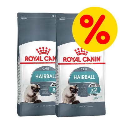 Royal Canin Care Hairball kissanruokapakkaukset, edessä pitkäkarvainen kissa, iso keltainen prosenttimerkki oikeassa yläkulmassa, teksti: Proven Results x2 Hair Excretion in 14 Days