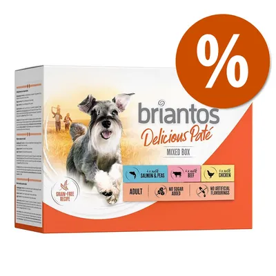 Embalagem Briantos Delicious Paté Mixed Box. Texto visível: 4 x with salmon & peas, 4 x with beef, 4 x with chicken, adult, no sugar added, no artificial flavourings, grain-free recipe.