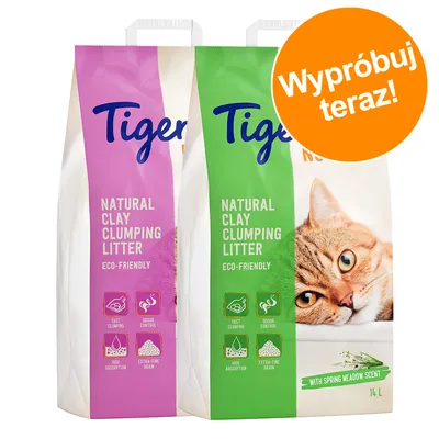 Dwa opakowania Tigerino Natural Clay Clumping Litter Eco-Friendly, widoczne piktogramy: szybkie zbrylanie, kontrola zapachu, wysoka absorpcja, drobne ziarno. Zielone opakowanie 14 l.