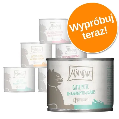 Mjamjam – puszki z karmą dla kotów, widoczny napis na pomarańczowym kole: Wypróbuj teraz! Mjamjam – puszki z karmą dla kotów, widoczny napis na pomarańczowym kole: Wypróbuj teraz!