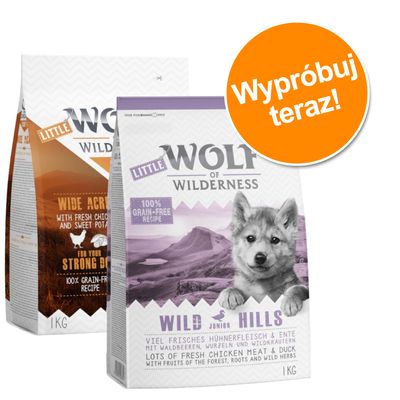 Pakiet próbny Wolf of Wilderness Junior (2 x 1 kg) Mix, 2 warianty: Kurczak (Soft & Strong) + Wild Hills