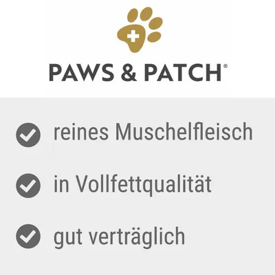 Paws & Patch. Reines Muschelfleisch, in Vollfettqualität, gut verträglich.