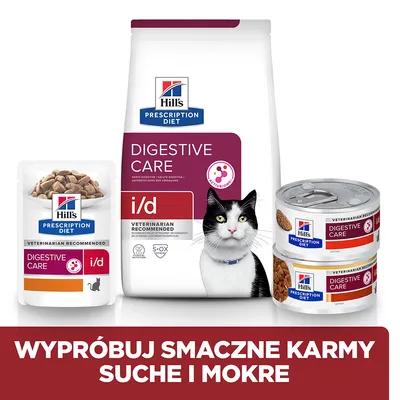 Hill's Prescription Diet Digestive Care i/d – saszetka, worek i puszki karmy. Napis: Wypróbuj smaczne karmy suche i mokre.