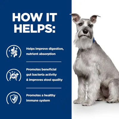 How it helps: improves digestion and nutrient absorption, promotes beneficial gut bacteria and stool quality, supports a healthy immune system. Animal shown beside benefits list.
