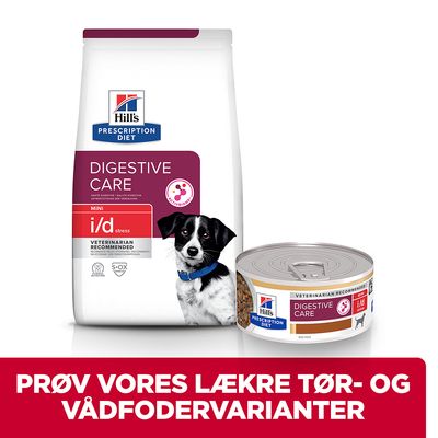 Hill's Prescription Diet Digestive Care MINI i/d stress tørfoder og vådfoder til hund. Tekst: PRØV VORES LÆKRE TØR- OG VÅDFODERVARIANTER.