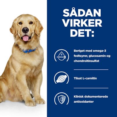 SÅDAN VIRKER DET: Beriget med omega-3 fedtsyrer, glucosamin og chondroitinsulfat. Til­sat L-carnitin. Klinisk dokumenterede antioxidanter. Hund med blå halsbånd ved siden af tekst.