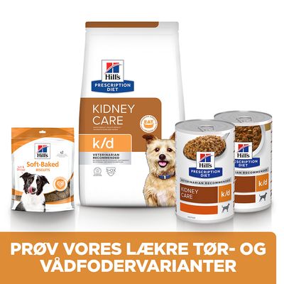 Hill's Prescription Diet Kidney Care k/d tørfoder, vådfoder og Soft-Baked Biscuits til hund. Tekst: Prøv vores lækre tør- og vådfodervarianter.