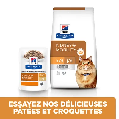Hill's Prescription Diet Kidney+Mobility k/d j/d pour chat, sachet de pâtée et sac de croquettes, texte : Essayez nos délicieuses pâtées et croquettes