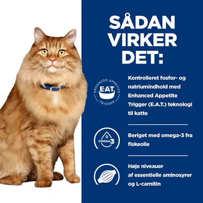SÅDAN VIRKER DET: Kontrolleret fosfor- og natriumindhold med Enhanced Appetite Trigger (E.A.T.) teknologi til katte, beriget med omega-3 fra fiskeolie, høje niveauer af essentielle aminosyrer og L-carnitin.