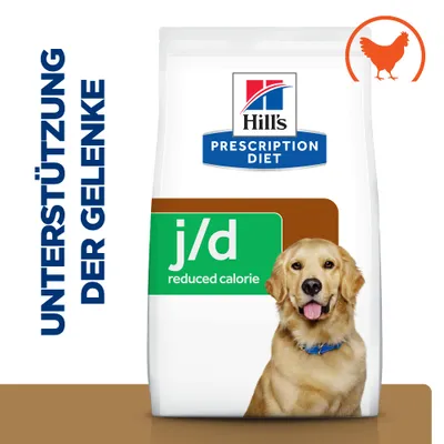 Hill's Prescription Diet j/d reduced calorie, Unterstützung der Gelenke, mit Huhn. Hill's Prescription Diet j/d reduced calorie, Unterstützung der Gelenke, mit Huhn.