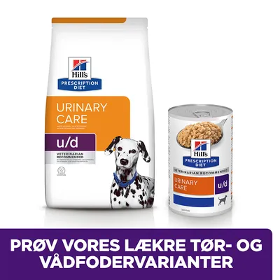 Hill's Prescription Diet Urinary Care u/d tørfoder og vådfoder til hund, tekst: PRØV VORES LÆKRE TØR- OG VÅDFODERVARIANTER