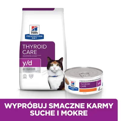 Hill's Prescription Diet Thyroid Care y/d dla kotów, opakowanie suchej karmy i puszka mokrej. Widoczny napis: WYPRÓBUJ SMACZNE KARMY SUCHE I MOKRE.