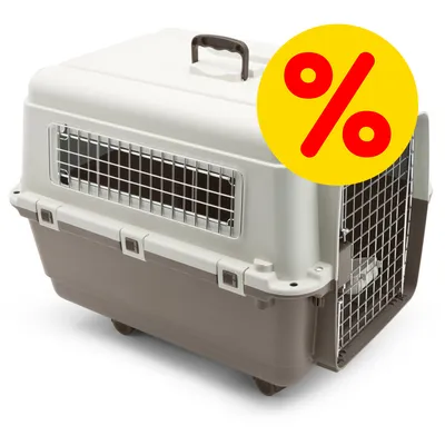 Trasportino per animali in plastica con griglie metalliche e maniglia, simbolo di percentuale gialla e rossa che indica offerta o sconto visibile sull'immagine.