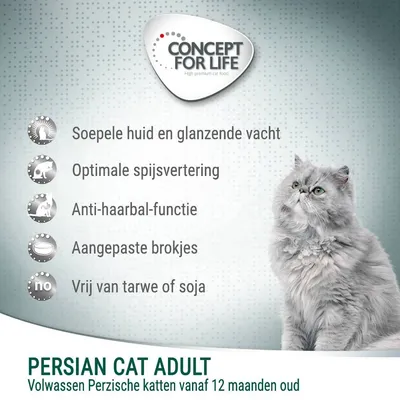 Concept for Life Persian Cat Adult. Soepele huid en glanzende vacht, optimale spijsvertering, anti-haarbal-functie, aangepaste brokjes, vrij van tarwe of soja. Voor volwassen Perzische katten vanaf 12 maanden.