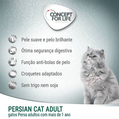 Concept for Life Persian Cat Adult. Pele suave e pelo brilhante, ótima segurança digestiva, função anti-bolas de pelo, croquetes adaptados, sem trigo nem soja. Gatos Persa adultos +1 ano.