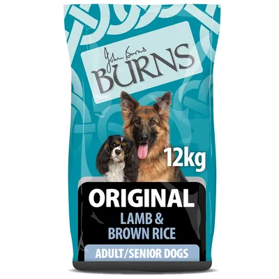 Burns Original Lamb & Brown Rice, 12 kg, Adult/Senior Dogs. Deux chiens illustrés sur l’emballage bleu. Burns Original Lamb & Brown Rice, 12 kg, Adult/Senior Dogs. Deux chiens illustrés sur l’emballage bleu.