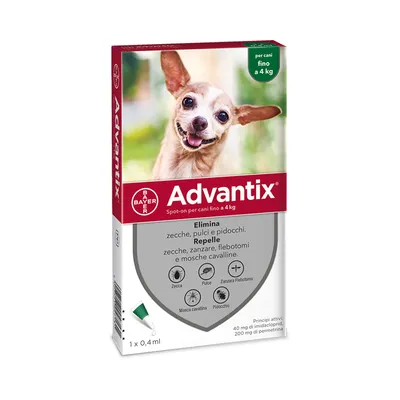 Advantix Bayer spot-on per cani fino a 4 kg. Elimina zecche, pulci e pidocchi. Repelle zecche, zanzare, flebotomi e mosche cavalline. 1 x 0,4 ml.