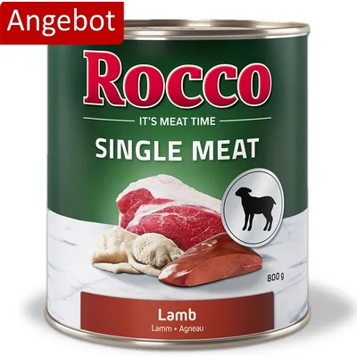Rocco Single Meat Lamm, 800g Dose. Angebot. Fleischabbildung mit Lamm-Symbol.