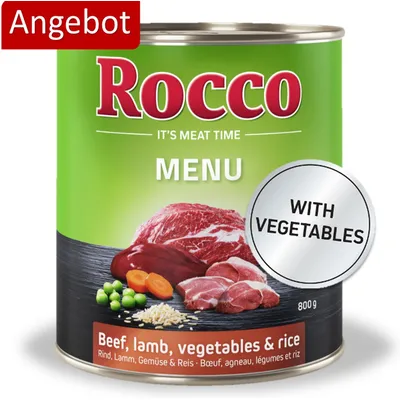 Rocco Menu Dose, Angebot, Rind, Lamm, Gemüse und Reis, 800g, mit Gemüse.