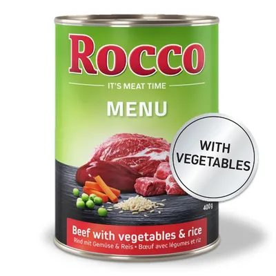 Rocco Menu, ternera con verduras y arroz, lata 400g. Texto: 'Con verduras'.