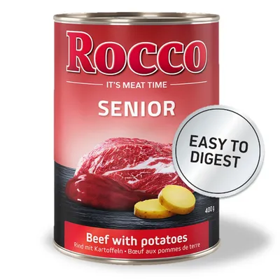 Rocco Senior comida húmeda para perros, ternera con patatas, 400g. Texto en la lata: "Easy to digest".