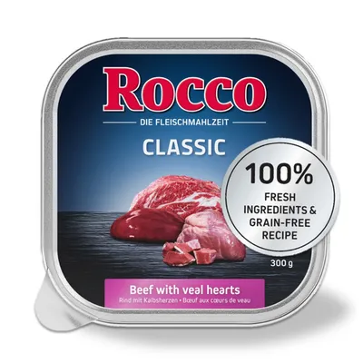 Rocco Classic ternera con corazones de ternera, 300g. 100% ingredientes frescos y receta sin cereales.
