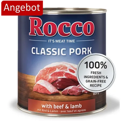 Rocco Classic Pork mit Rind & Lamm, 800g Dose. 100% frische Zutaten, getreidefreie Rezeptur. Angebot hervorgehoben.